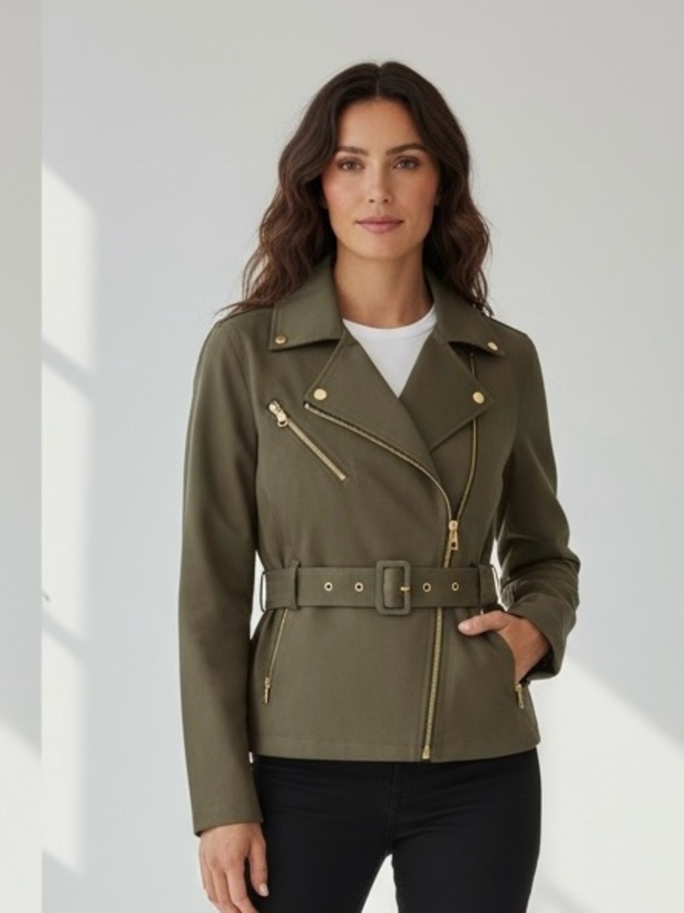 NWT Express Olive Green Belted Moto Utility Jacket Gold Zip Small